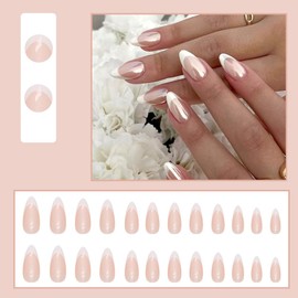 HaoTrade 24Pcs Glossy French Fake Nails Short, Reusable Disassemble Fake Nails, Almond Tip Short Stick on Nails, Solid Oval Stick on Nails for Women Girls Nails Art, Full Cover Salon Press on Nails