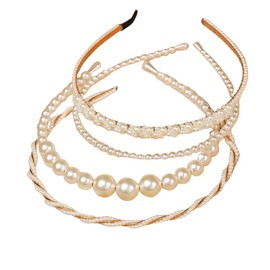 4 Pack White Gold Pearl Headband Metal Thin Artificial Pearls Headpiece Hair Accessories for Women Girls, Bridal Wedding Party Hoop