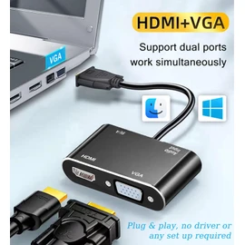 VGA to HDMI+VGA Adapter for Dual Monitors, VGA to HDMI Adapter Splitter 2 in 1,1080P@60HZ Full HD Display Video Converter for PC Laptop Link Monitor/HDTV/Projector, Fully Plug & Play