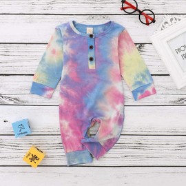 Newborn Baby Boy Girl Romper Onesie Tie Dye Clothes Cotton Long Sleeve Jumpsuit One Piece Fall Winter Outfits (A4-Purple,3-6 Months)