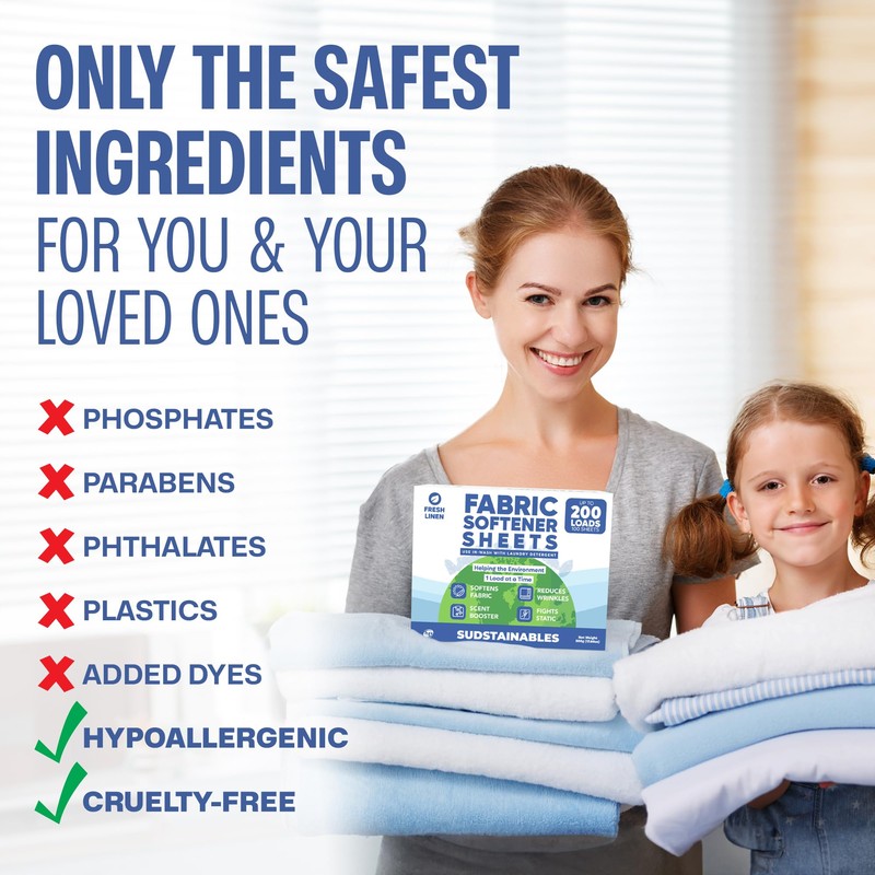 Sudstainables Fabric Softener Sheets for Washer - Fresh Scents, Natural