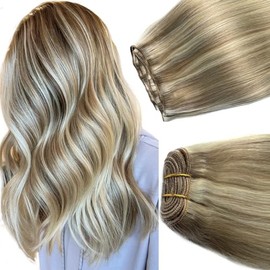 Balayage Blonde Hand Tied Weft Hair Extensions Human Hair 20 Inch Sew in Hair Extensions Real Human Hair 100G Ash Blonde Balayage Blonde Real Human Hair Weave Bundles Weft Extensions