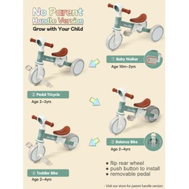 LOL-FUN Tricycle for Toddlers 1-3 Years Old Boys Girls Toy, 4 in 1 Baby Balance Bike for 1 2 Year Old Gift, Kids Bicycle with Easy Assembly Removable Pedal
