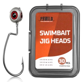 PBWILD Swimbait Jig Heads, 30pcs Weighted Hooks with Lifelike 3D Eyes, 1/16oz(for BFS), 3/32oz,1/8oz, Sharp Texas Rig Lures for Bass, Walleye & More (Assorted Pack)