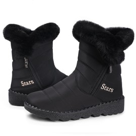 SHIBEVER Winter Waterproof Boots for Women: Fur Lined Snow Mid Calf Warm Women Boot Black Size 8 Outdoor Resistant Short Fashion Booties