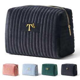 COSHAYSOO Travel Makeup Bag Quilted Make Up Pouch Initial Velvet Cosmetic Case with Butterfly Decorations for Womens Fashion Trending Birthday Easter Valentines Gifts Ideas Unique Black Letter T