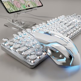 EWEADN TK100 Wired Typewriter Mechanical Keyboard and Mouse, 104 Keys Aesthetic Typewriter Keyboard Mouse Combo with White Backlit, Anti-Ghosting, Black Switch Cute Keyboards-White