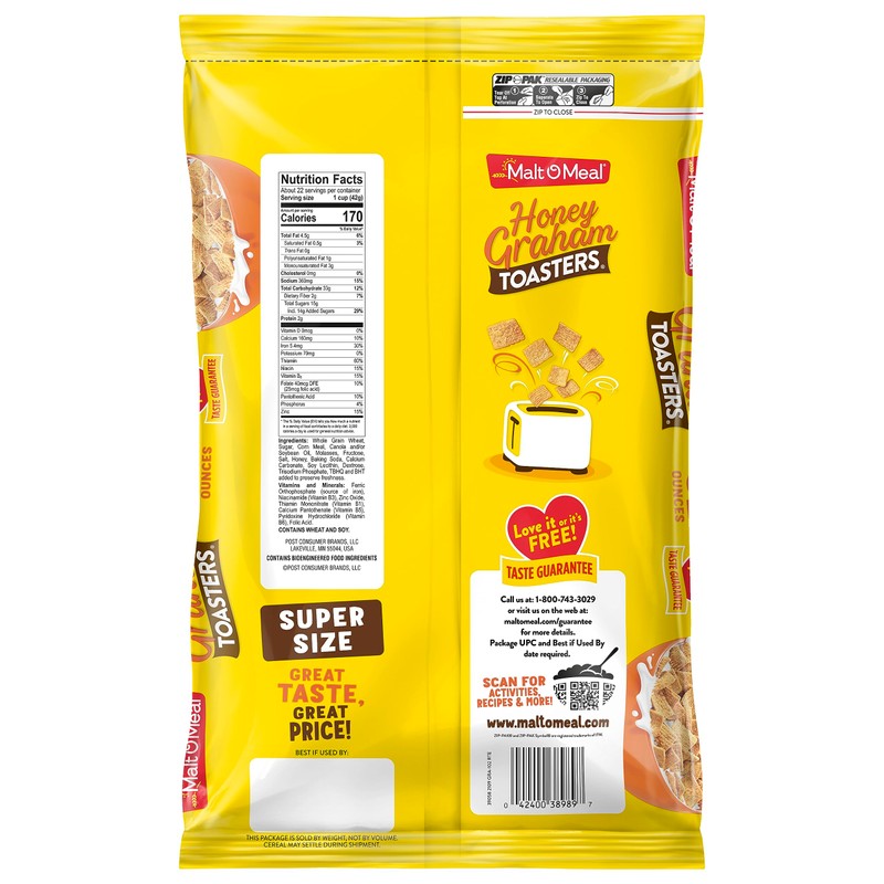 Malt-O-Meal Honey Graham Toasters Breakfast Cereal, Honey Graham Cereal Squares,