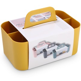 Azyvum Multi-purpose basket organiser, portable stackable plastic basket with handle, cleaning basket, craft basket, desk basket, bathroom organiser, storage for art and make-up (yellow)