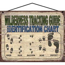 8x10 Vintage Style Bigfoot Themed Sign - Wilderness Tracking Guide Identification Chart - Hiker Deer Raccoon Bear Bigfoot Footprints Home Décor