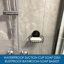 Poywaze Suction Soap Dish, Stainless Steel Soap Basket, No Drilling Chrome Bathroom Soap Holder for Shower, Black Soap Tray with Hooks Design