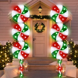Kenburg 37.5 Inch Giant Lollipop Christmas Lights Outdoor Decoration, 2 Pcs Plastic Peppermint Candy Cane Lights 8 Modes Waterproof, Pathway Lights for Porch Walkway Yard Signs - Red Green White