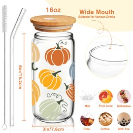 Fall Cups, 16oz Autumn Pumpkin Iced Coffee Glass Cup with Lid & Straw