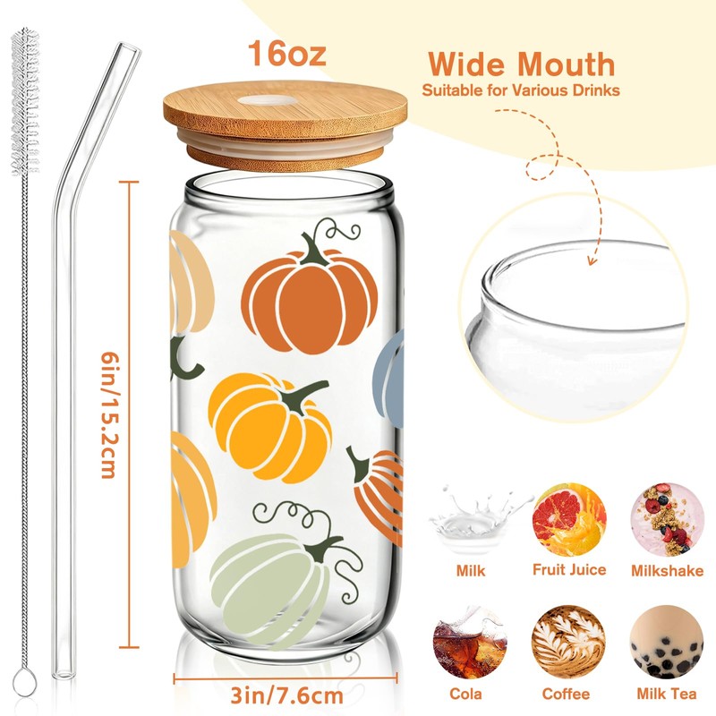 Fall Cups, 16oz Autumn Pumpkin Iced Coffee Glass Cup with