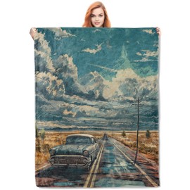 VANZEV Vintage Car Route 66 Blanket, Classic Car and Scenic Highway Flannel Throw Blankets,Soft Warm Lightweight Cozy Plush Throws for Bed Sofa Office Home Decor Gifts for Men Travel Lovers 60"x50"