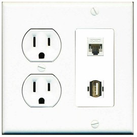 Wallplate City [ 2 GANG ] 15 Amp Round Power Outlet CAT5E USB A-A Combination Wall Plate White