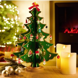 com-four® Mini Wooden Christmas Tree - Decorative Decoration - Stand with Many Ornaments for Hanging - Artificial Christmas Tree for Desk (Pack of 01 - Christmas Tree)