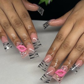 Acrylic Press on Nails Duck Shape 24Pcs Glossy Full Cover Short French Rhinestone False Nails with Zebra Strips Designs Artificial Reusable Fake Nails with Charm Glue Stick on Fingernails for Women