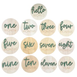 Baby Monthly Milestone Cards, 3D Premium Wooden Discs for Baby Photos and Pregnancy Journey plus Hello World Sign for Birth Announcement, Light Wood Photo Props (13 pcs) Shower and Gender Reveal Gift (Green)