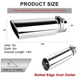 MuRealy 3 Inch Exhaust Tip, 3" Inlet 4" Outlet 12" Overall Length, Chrome-Plated Finish Stainless Steel Exhaust Tips 3 Inch Inlet, Bolt/Clamp-On Desig, for 3" Outer Diameter Tailpipe, Universal