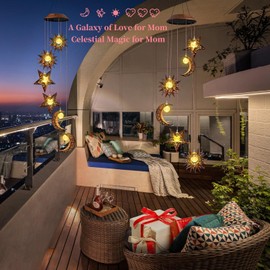 Solar Wind Chimes for Outdoor Lights Sun Moon Star Mom Wife Hanging Decor Outdoor Sympathy Wind Chimes for Garden Patio Balcony Birthday Womens Gifts