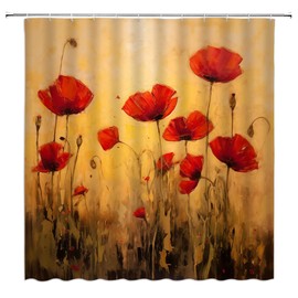 Poppy Flower Shower Curtain Vintage Red Flower Blossom Bouquet Oil Painting Rustic Floral Plant Rural Natural Botanical Garden Scenery Polyester Fiber Bathroom Decor with Hook,Yellow