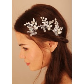 Deniferymakeup 3pcs Pearl Bride Wedding Hair Pins Rhinestone Hair Piece Crystal Headpiece Bridal Hair Accessories for Women and Girls (Rose Gold)