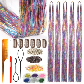 CelineBella Hair Tinsel Kit with Tools Mixed Colors Rainbow Hair Tinsel Heat Resistant Fairy Hair Extensions 48 Inch Glitter Tinsel Hair Sparkling Shiny Hair Tensile Hair Accessories for Women Girls