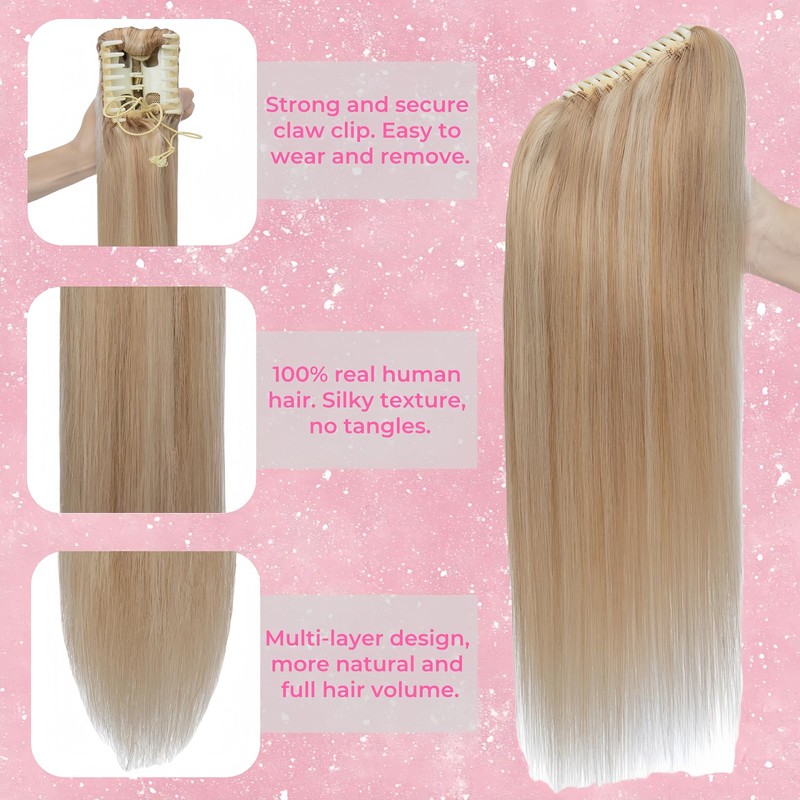 UAAUAA Claw Clip Ponytail Extension Real Human Hair Long Straight