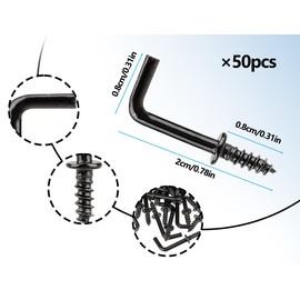 Lhbwhiz Pack of 50 Screw Hooks, Mini L-Shaped Hooks for Screws, Small Right Angle Screw Hooks, Metal Hook Screws for Hanging, Sturdy Wall Hooks (Black, 20 x 8 mm)