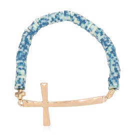 RIAH FASHION Cross Metallic Bar Beaded Stretch Bracelet - Religious Christian Strand Natural Stone, Semi-Precious Prayer Cuff Bangle (Cross Acrylic Beads - Blue)