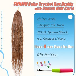 SVNMU Brown Boho Crochet Braids Human Hair Curls 18inch 8packs 96strands #30 Deep Wave Pre-Looped Bohemian Goddess Box Braids Handmade Curly Ends Hair Extensions