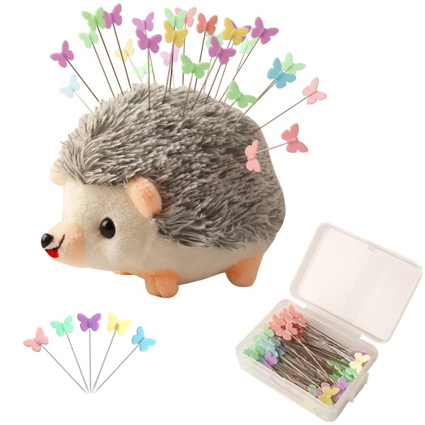 CICILIAYA Hedgehog Shape Pin Cushion, Cute Pincushions Sewing Kit Accessories Supplies Needle Cushions Holder with 100Pcs Colored Ball Heads Straight Fabric Pins for Jewelry Quilting DIY Crafts (Gray)