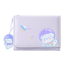 Sunwel Fashion Girls Cute Astronaut Bear Bunny Print Tri-folded Wallet Small Wallet Cash Pocket Card Holder ID Window for Women, PURPLE, tiny, Astronaut