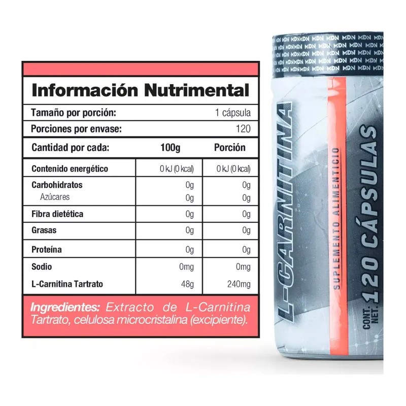 Mdn L-carnitina, 120 Cpsulas, 240mg Carnitina Tartrato Sin Sabor