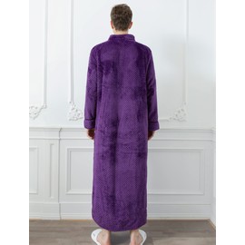Locachy Men's Flannel Zip Bathrobes Soft Warm Long Fleece Plush Robe Housecoats Nightgown Sleepwear Purple L