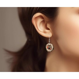 Twisted R Design Wolf Dream Catcher Round Printed Wood  Dangle Earrings