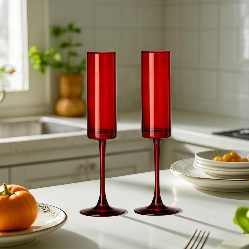 6 Pieces Red Champagne Flutes 6 OZ Straight Sided Wine