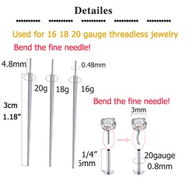 QWALIT QWALIT Piercing Taper Threadless Piercing Changing Tool Piercing Taper Insertion Tool Piercing Threader Tool Flat Back Earring Applicator Tool Labret Titanium Threadless Insertion Pin 16g 18g 20g