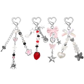 4 PCS Y2K Keychain Cute Keychain Accessories Y2K Phone Charms Bow Keychain Bear Guitar Strawberry Keychain With Tether Tab Aesthetic Keychains for Women Girls Purse Backpack Phone Bag Charms,Style 1