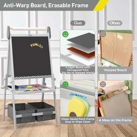 FUNLIO Anti-Warping Kids Art Easel, 3 Height Adjustable for Kids Aged 3-8, All-in-One Toddler Easel with Paper Roll & Erasable Frame, Standing Easel with Magnetic Chalkboard/Whiteboard (Gray)