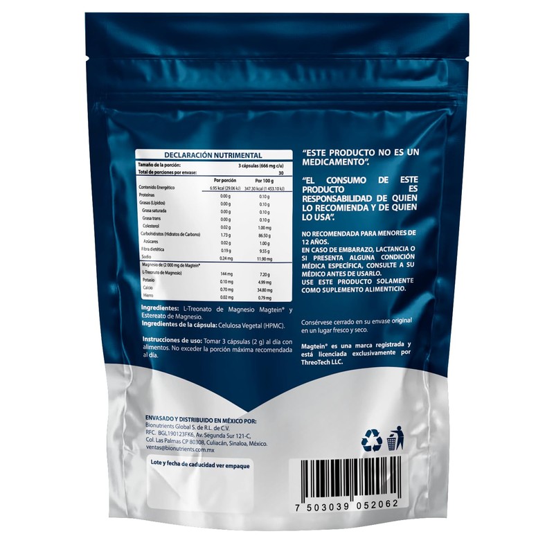 Wellthy L Treonato de Magnesio 90 Cápsulas 144mg. Hecho solamente