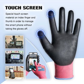 KAYGO Work Gloves PU Coated 12 Pairs Touchscreen, KG11PFE, Safety Working Gloves with Secure Grip on Palm & Fingers, for Men and Women, Ideal for General Duty Work, Gardening (Medium, Pink)