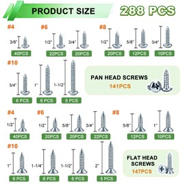 288PCS Screws Assortment Kit,Self Tapping Wood Screws #4/#6/#8/#10 Screw Assortment Kit,Round Head Screws Length 3/8" to 2",Sheet Metal Screws Assorted