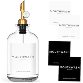 Mouthwash Dispenser for Bathroom - Glass Mouthwash Container (12.7 oz) with Weighted Pour Spout & 4 Mouthwash Bottle Labels, Perfect for Bathroom Organization & Farmhouse Decor