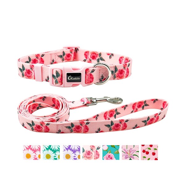 Olahibi Dog Collar and Leash Set, Cute Rose Pattern, Polyester