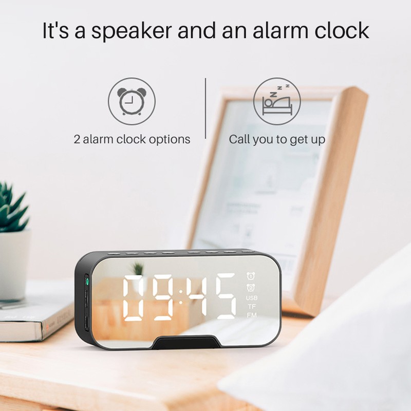 Bedside Desktop Bluetooth Mirror Surface LED Alarm Clock Speaker FM