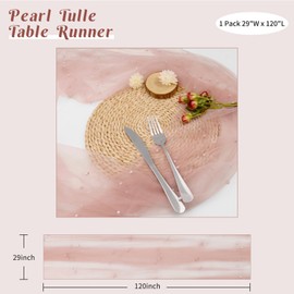 JALANCY Pearl Table Runner 29 x 120 Inch Tulle Fabric Lace Table Runners Boho Rustic Tablecloth for Bridal Shower Birthday Party Wedding Arch Aisle Veil Dessert Table Decor(1 Pack, Dusty Pink)
