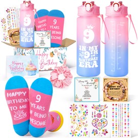 Frerdui 9 Year Old Girl Birthday Gifts, Gifts for 9 Year Old Girls, Best Gift Ideas for 9th Girl Birthday Decorations, 9 Yr Olds Girls Bday Gift with Water Bottle, Socks, Bracelet, DIY Diamond Kit