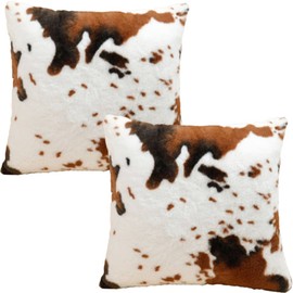 Set of 2 Super Soft Plush Faux Fur 20x20 Cow Skin Throw Pillow Covers Brown White Cowhide Farm Style Decorative Accent Cushion Covers for Chair Sofa Couch Bed Bedroom Living Room